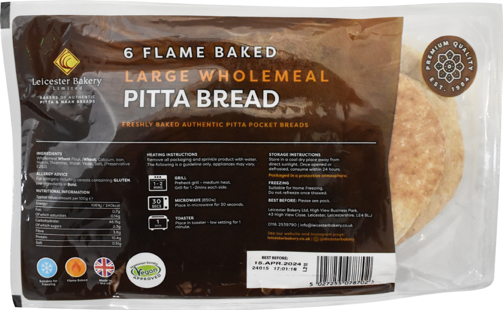 Leicester Bakery Flame Baked Wholemeal Pitta Bread 6 Pack
