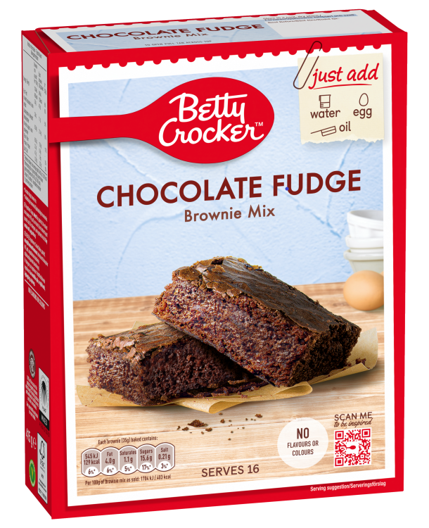 A box of Betty Crocker Chocolate Fudge Brownie Mix with an image of prepared brownies on the cover.