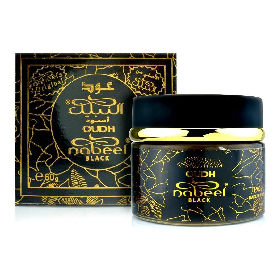 A product image featuring a black jar of Nabeel Black Bakhoor incense with gold accents, alongside its packaging box with a similar colour scheme from Malik Foodstore