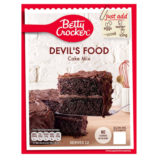 Packaging of Betty Crocker Devil's Food Cake Mix with an image of the cake on the front.