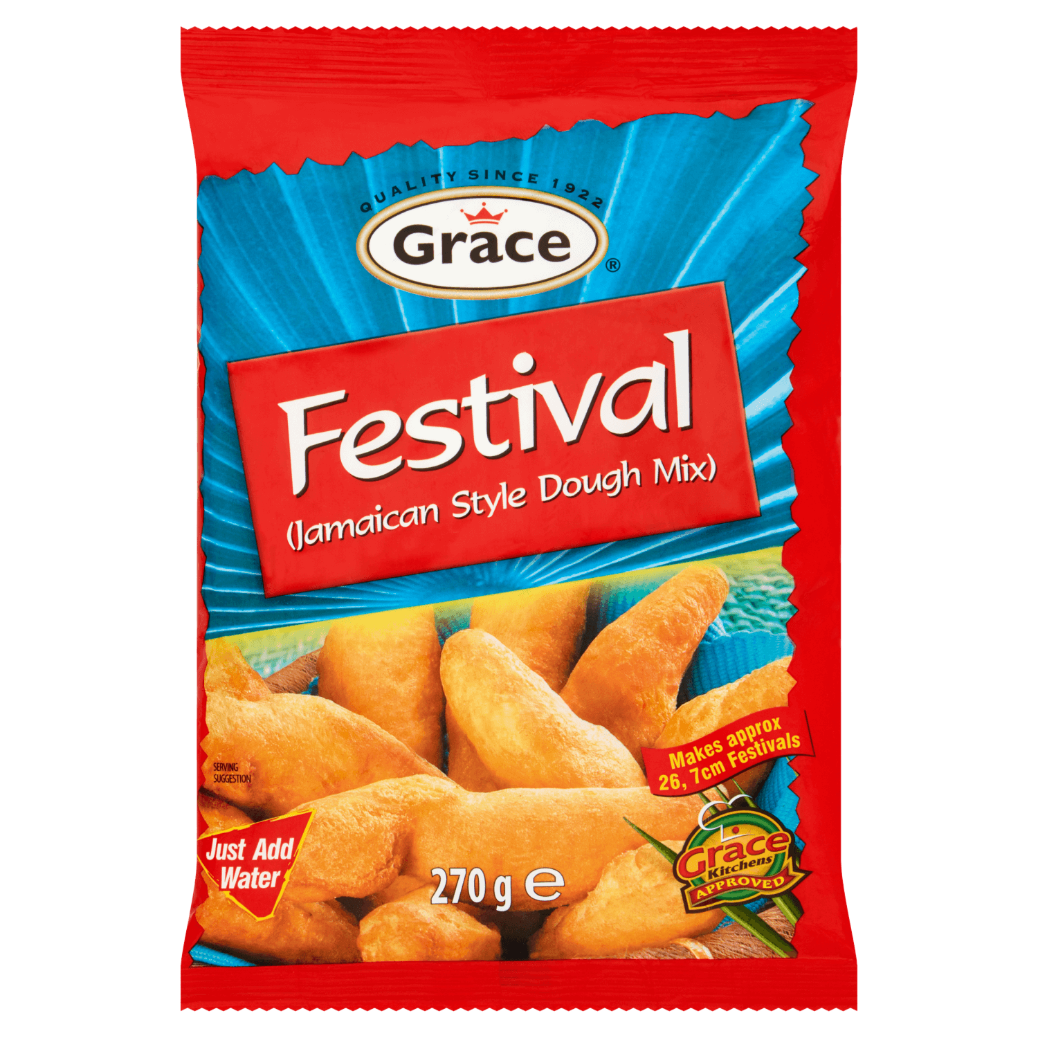 Packaging of Grace Festival Jamaican Style Dough Mix, showing the product name, logo, and an image of fried dumplings.