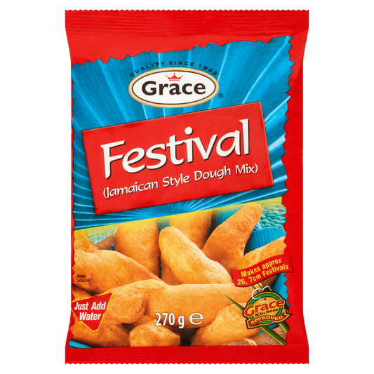 Packaging of Grace Festival Jamaican Style Dough Mix, showing the product name, logo, and an image of fried dumplings.