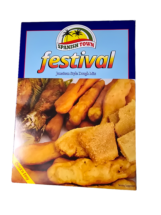 Packaging of Spanish Town Festival Mix featuring images of fried dough items, such as dumplings, on a white background.